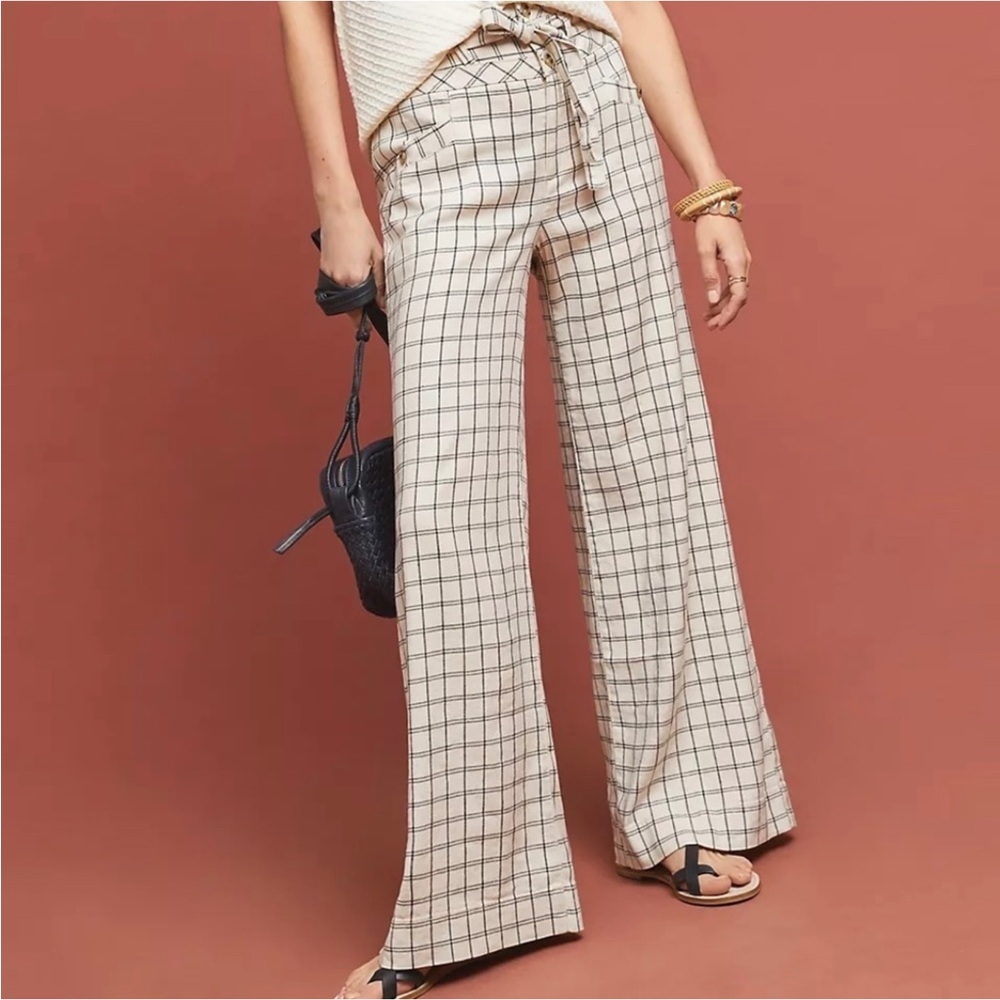 Anthropologie EUC Window Pane Checked Linen Blend Wide Leg Trouser No Belt 4
